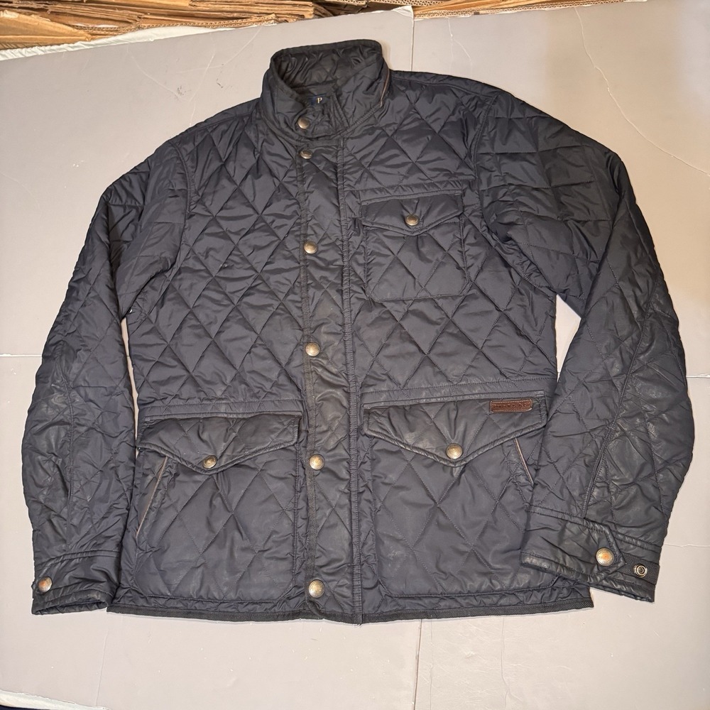 Polo Ralph Lauren Quilted Jacket Mens M Medium Navy Blue Zip Snap FLAWS